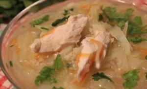 Delicious cabbage soup with chicken made from fresh cabbage Cabbage soup with chicken breast